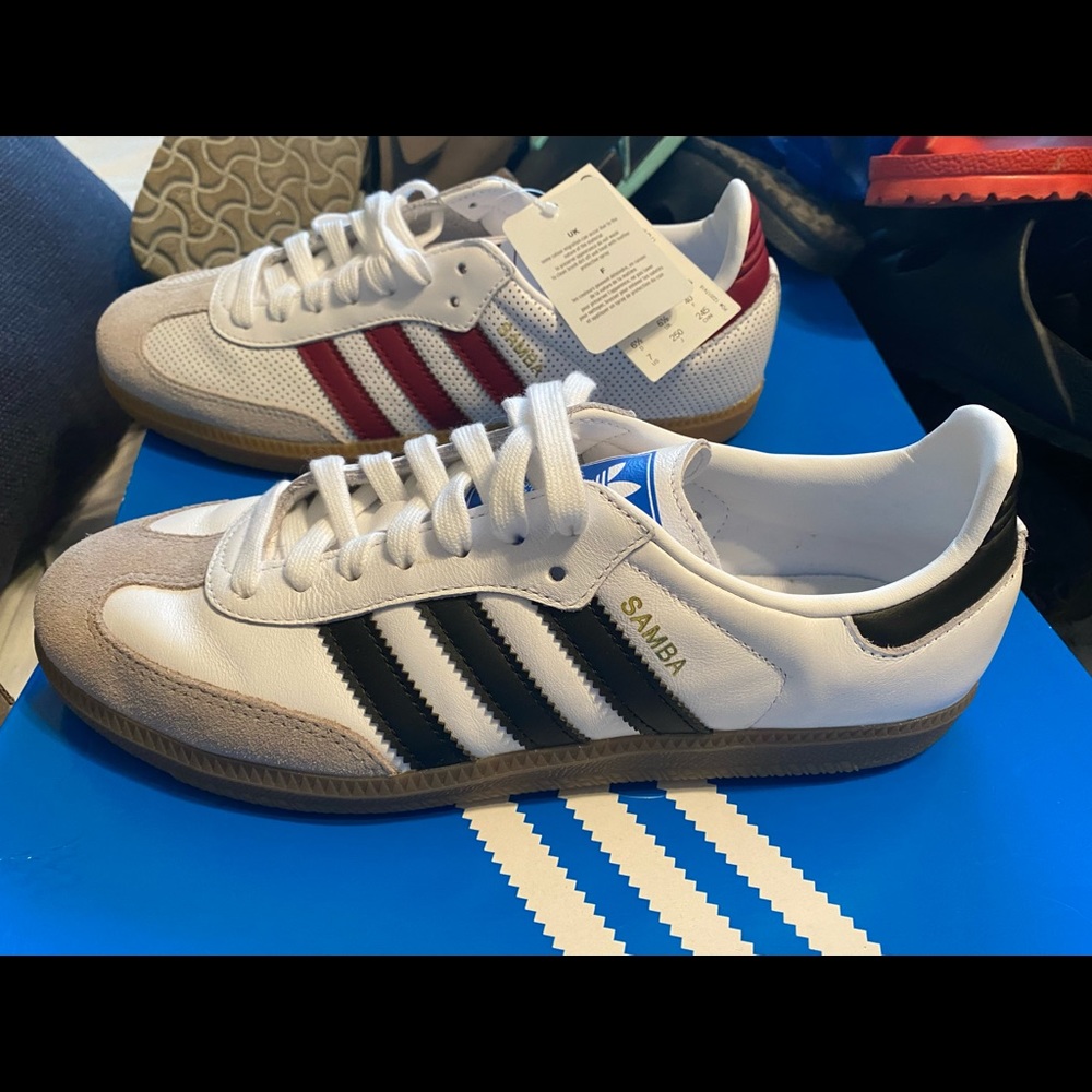Two pair of vintage Adidas Sambas. Never worn. Men’s size 7. Women fit like 8.